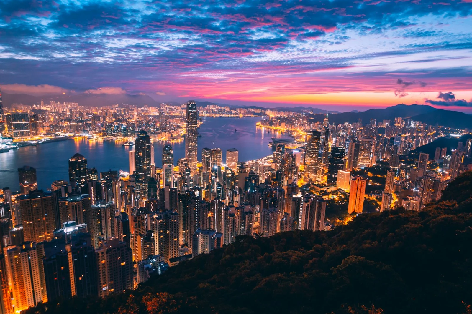 Hong Kong harbour skyline at dusk